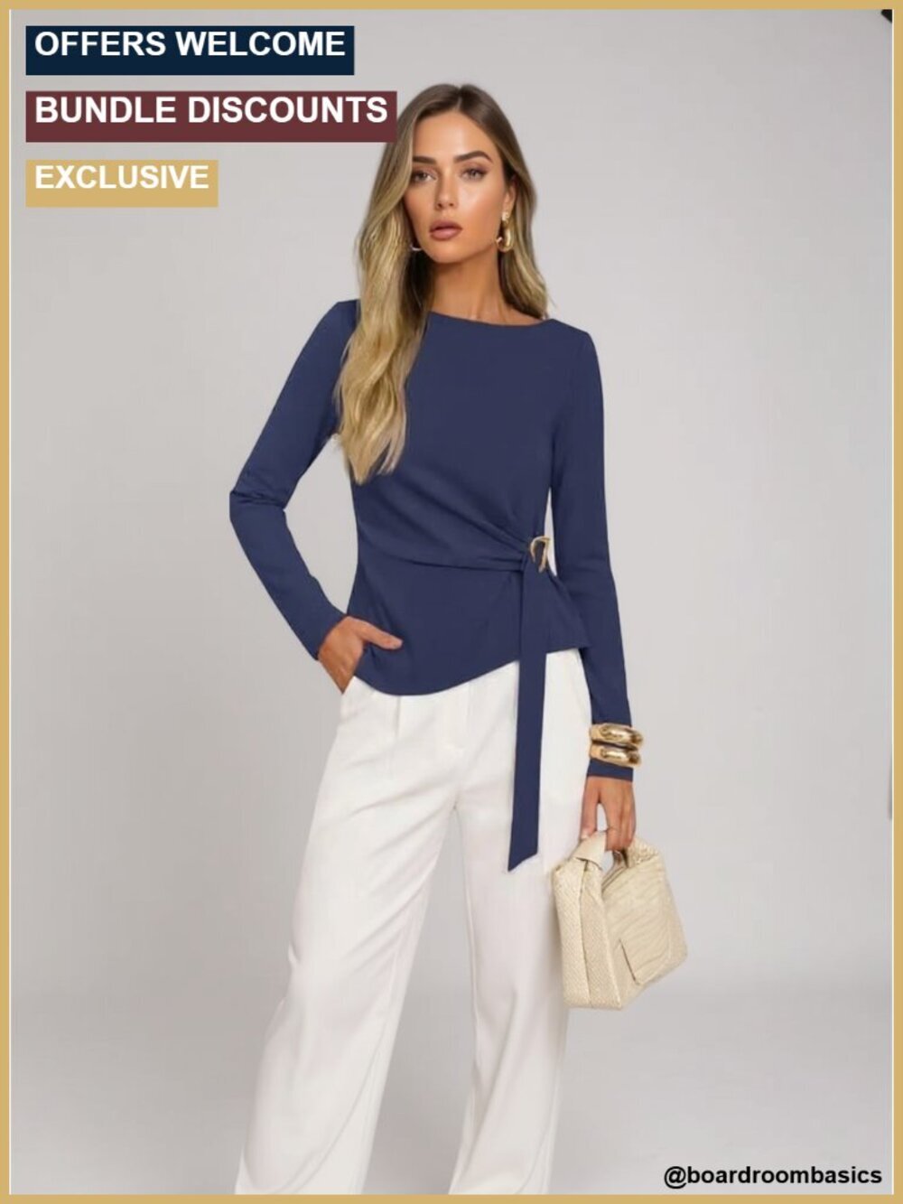 Long Sleeve Boat Neck Blouse with Ruched Waist and Asymmetrical Hem